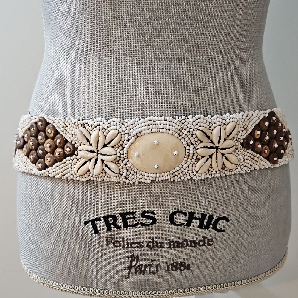Shell Beaded Belt - Cream and Brown